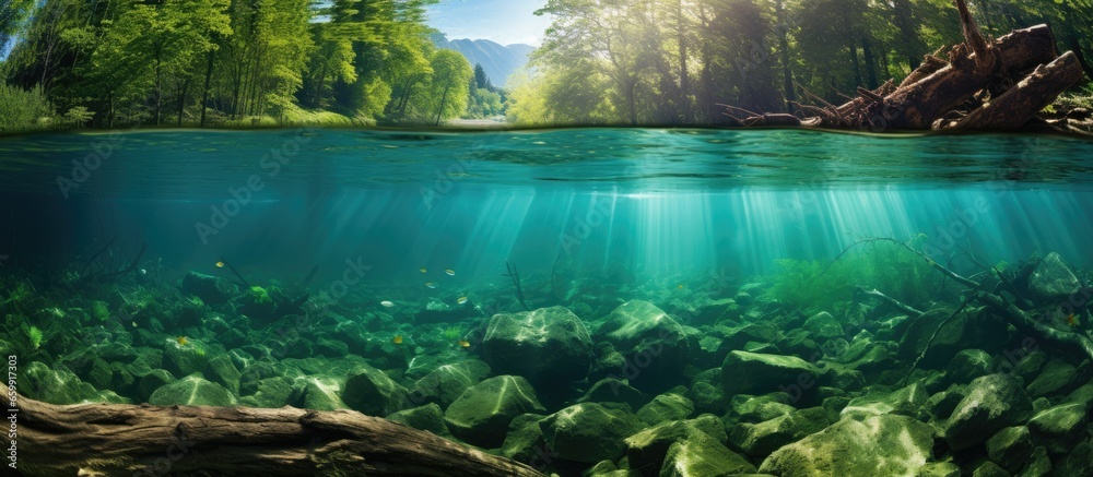 Underwater view of forest river with plants and tree logs Focus on nature conservation ecology ecosystems aquatic wildlife drinking water treatment pollution With copyspace for text - obrazy, fototapety, plakaty 