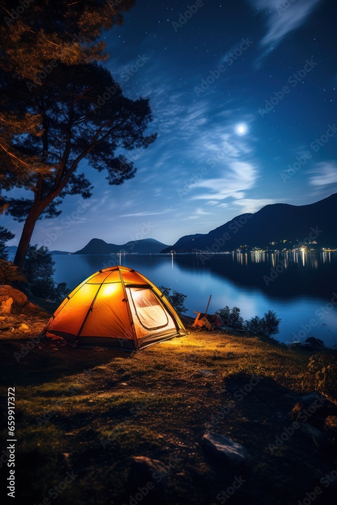 A camping tent in a nature hiking spot, Relaxing during a Hike in mountains, next to lake river