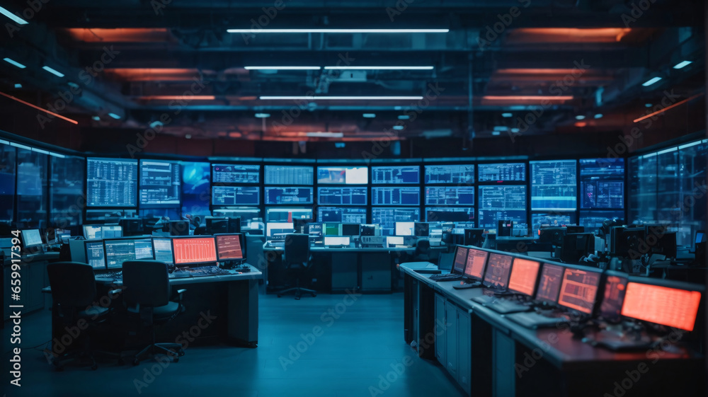 Security room with computers, stock market data and stock exchange data. CCTV cameras in surveillance room. Cybersecurity concept. 