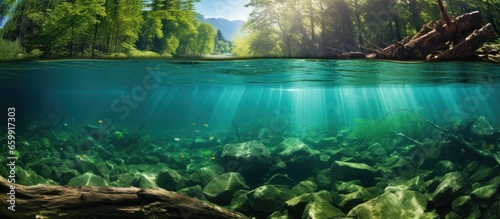 Underwater view of forest river with plants and tree logs Focus on nature conservation ecology ecosystems aquatic wildlife drinking water treatment pollution With copyspace for text