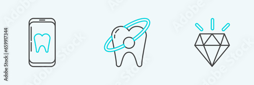 Set line Diamond teeth, Online dental care and Tooth whitening concept icon. Vector