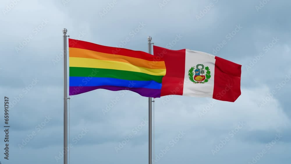 Peru and LGBT movement also Gay Pride flag waving together on cloudy sky, endless seamless loop, two country cooperation concept Peru and LGBT movement also Gay Pride flag waving together on cloudy sky, endless seamless loop, two country cooperation concept