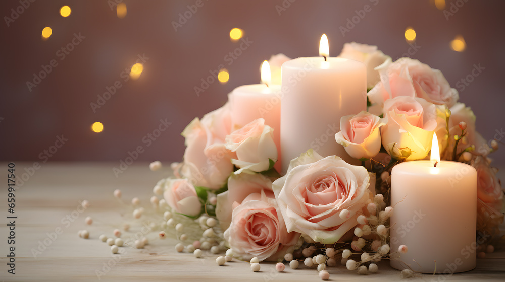 Wedding centerpiece with flower bouquet and candles Wedding centerpiece with flower bouquet and candles