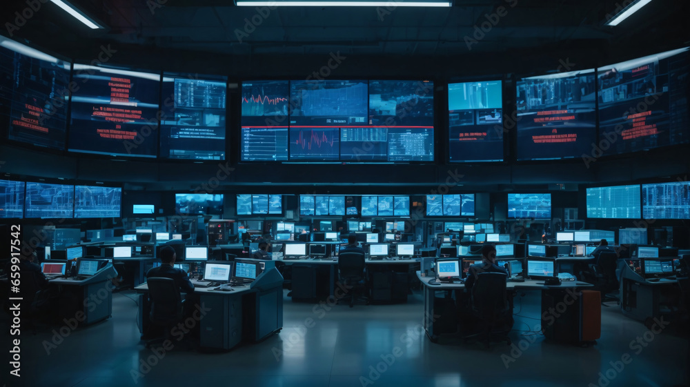 Security room with computers, stock market data and stock exchange data. CCTV cameras in surveillance room. Cybersecurity concept.  - obrazy, fototapety, plakaty 