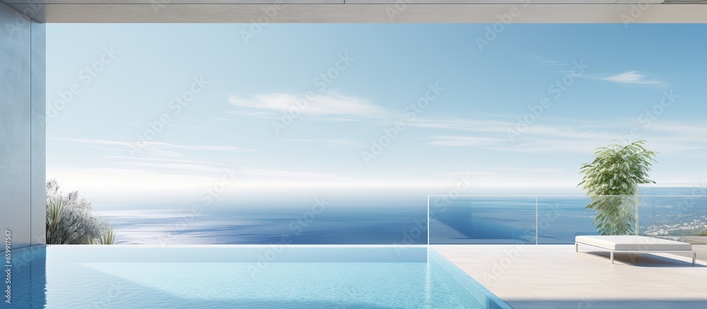Contemporary home exhibits infinity pool and ocean view through stylish windows Contemporary home exhibits infinity pool and ocean view through stylish windows