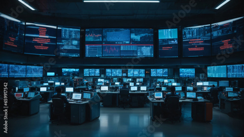 Security room with computers, stock market data and stock exchange data. CCTV cameras in surveillance room. Cybersecurity concept. 
