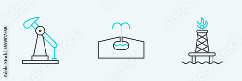 Set line Oil rig with fire, pump or pump jack and Oilfield icon. Vector