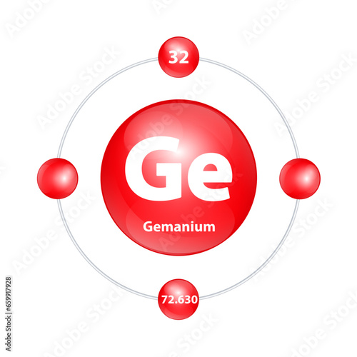 Germanium (Ge) Icon structure chemical element round shape circle light red with surround ring. 3D Illustration vector. Period number shows of energy levels of electron. Study science for education
