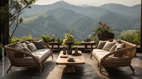 Decorate with rattan furniture outdoors with a mountain view