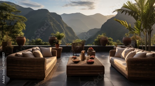 Decorate with rattan furniture outdoors with a mountain view © sirisakboakaew