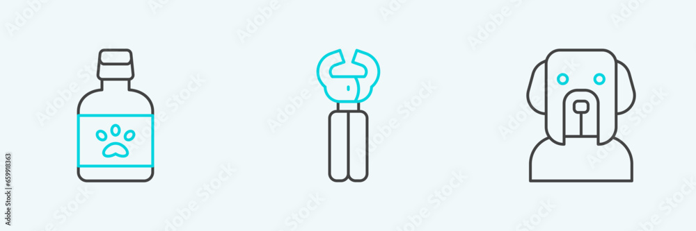 Set line Dog, medicine bottle and Pet nail clippers icon. Vector