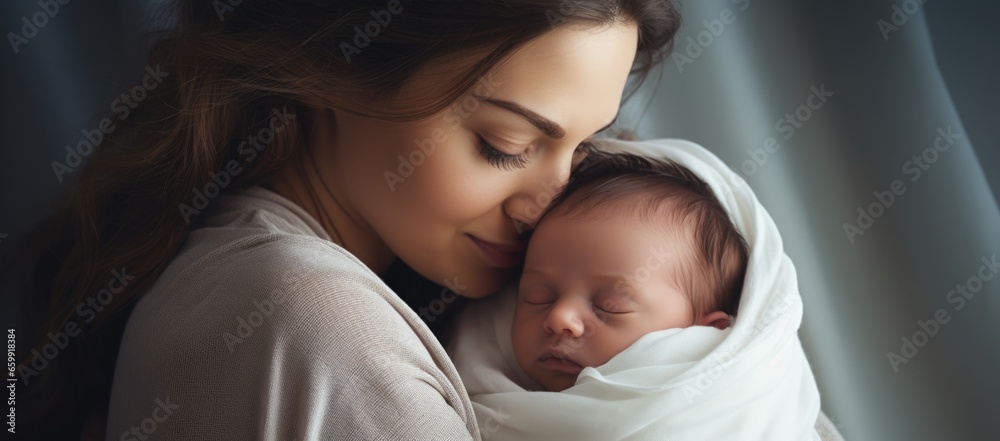 A mother embracing her infant in her hands - obrazy, fototapety, plakaty 