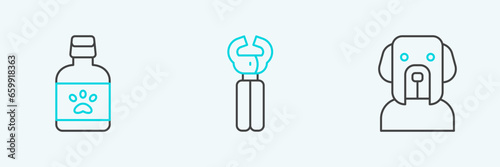 Set line Dog, medicine bottle and Pet nail clippers icon. Vector