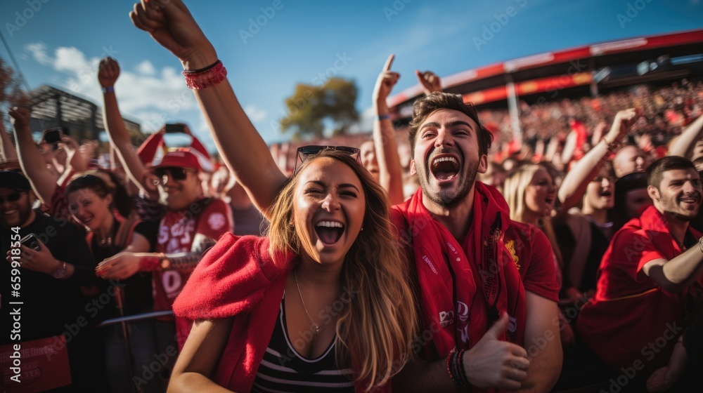 Fans wearing red shirts watched and cheered the match live from the stands in the fan zone - obrazy, fototapety, plakaty 
