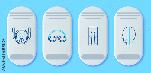 Set line Glasses and cap, Wetsuit, Diving mask and hood icon. Vector