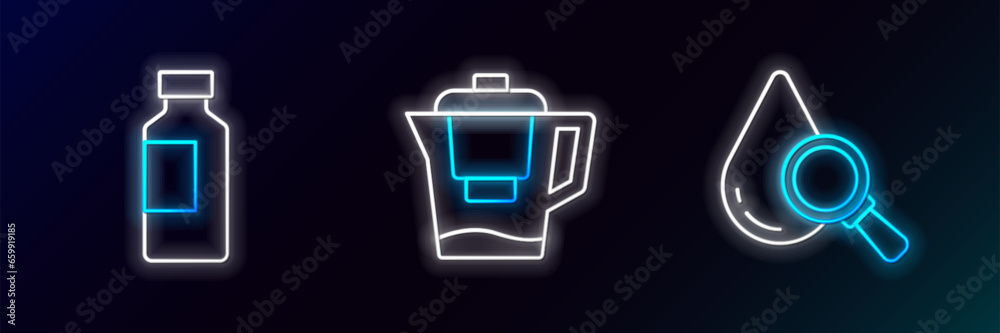 Set line Drop and magnifying glass, Bottle of water and Water jug with filter icon. Glowing neon. Vector Set line Drop and magnifying glass, Bottle of water and Water jug with filter icon. Glowing neon. Vector