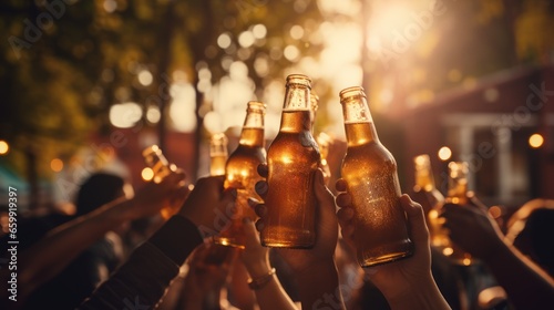 Hands of group of unrecognisable people toasting with beer bottles at outdoor party photo