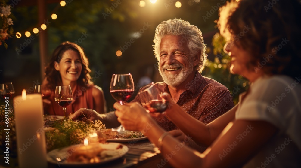 Happy senior male and female friends drinking wine during a backyard dinner party.
