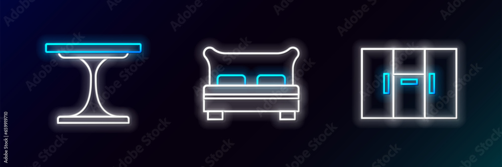 Set line Wardrobe, Round table and Big bed icon. Glowing neon. Vector Set line Wardrobe, Round table and Big bed icon. Glowing neon. Vector