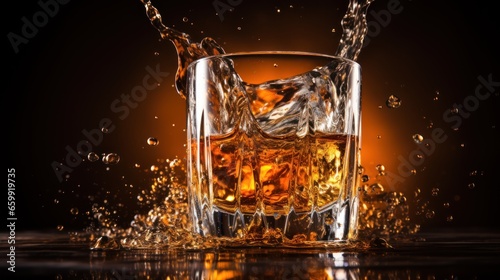 Isolated shot of whiskey with splash on dark background photo