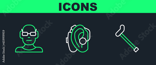 Set line Walking stick cane, Poor eyesight and Hearing aid icon. Vector