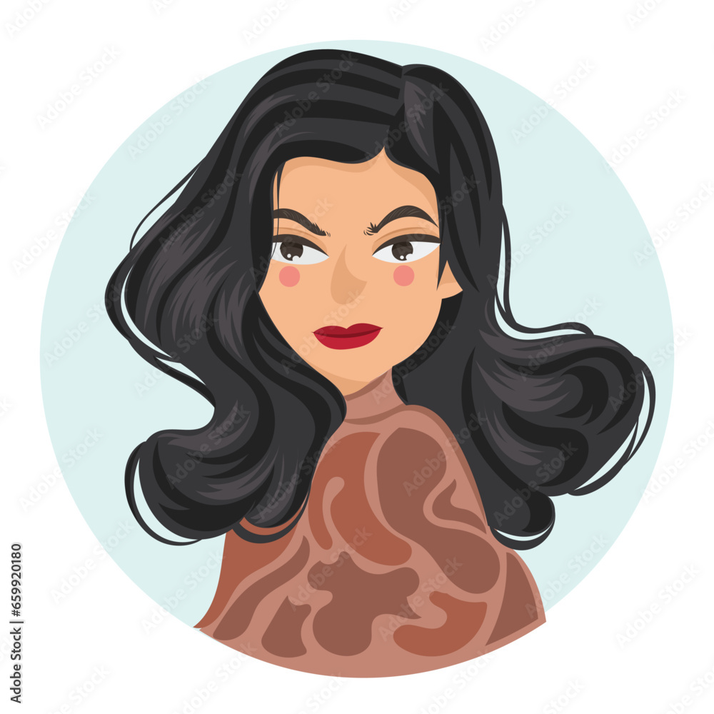 Avatar vector flat illustration with happy face model. Black hair and brown shirt for profile photo social media. Avatar vector flat illustration with happy face model. Black hair and brown shirt for profile photo social media.