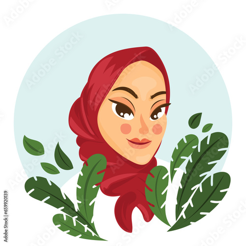 Avatar vector with red hijab girl. Only head and half body. Beauty business woman profile picture.