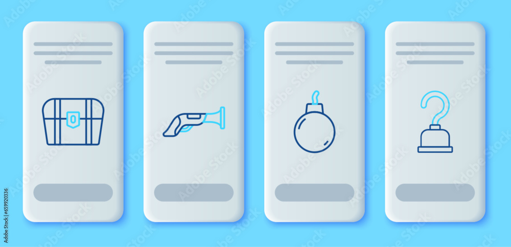 Set line Vintage pistol, Bomb ready explode, Antique treasure chest and Pirate hook icon. Vector