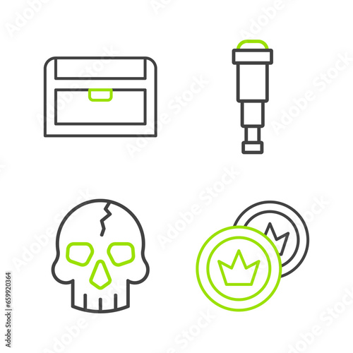 Set line Pirate coin, Skull, Spyglass telescope lens and Antique treasure chest icon. Vector