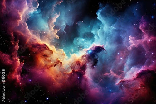 An abstract background image portraying a serene and multicolored nebula with a cloudy texture, invoking a sense of tranquility and cosmic beauty. Photorealistic illustration