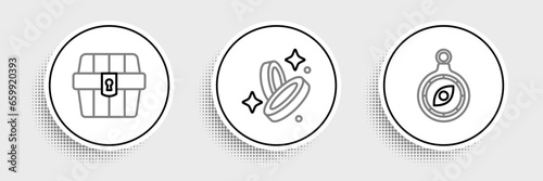 Set line Compass, Antique treasure chest and Pirate coin icon. Vector
