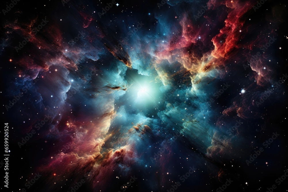 An abstract background image featuring a nebula with a radiant star breaking through vibrant and colorful clouds, creating a cosmic-inspired scene. Photorealistic illustration