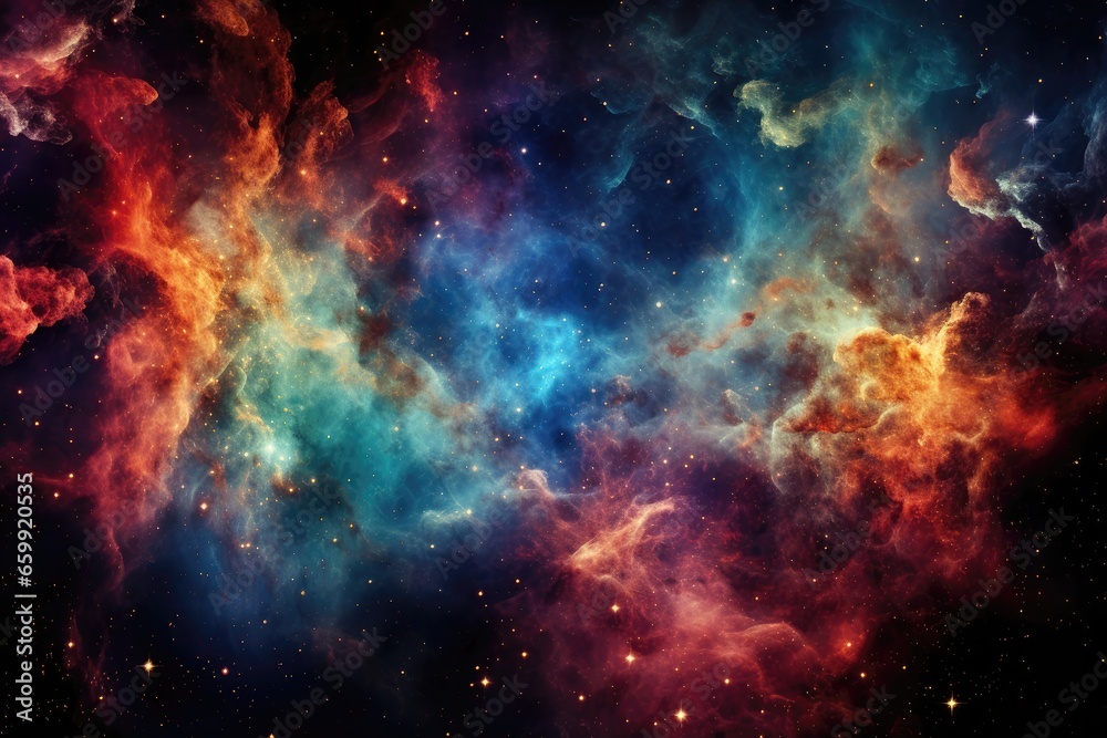 An abstract background image showcasing a vibrant and colorful nebula, providing an imaginative backdrop for artistic endeavors. Photorealistic illustration