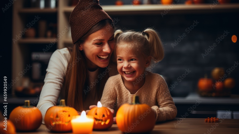Fototapeta premium Mother and her daughter having fun at home. Happy Family preparing for Halloween.