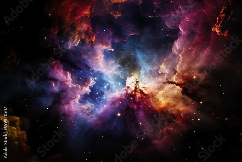 An abstract background image featuring a vibrant nebula with colorful, fluffy clouds enveloping a brilliant light source, creating a dreamlike scene. Photorealistic illustration