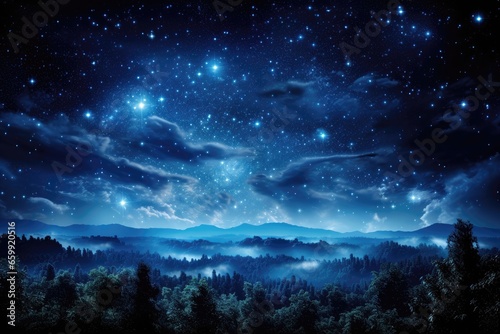 An abstract background image featuring a starry night sky over a serene forest, offering a tranquil and enchanting backdrop for various creative projects. Photorealistic illustration © DIMENSIONS