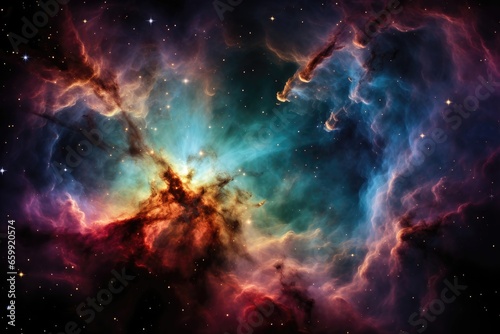 An abstract background image for creative content featuring a nebula with cloud formations resembling a colorful cave, creating an intriguing scene. Photorealistic illustration