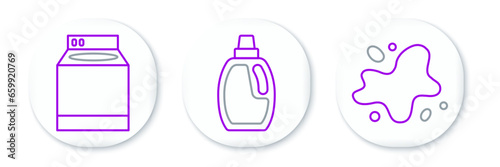 Set line Water spill, Washer and Bottle for cleaning agent icon. Vector