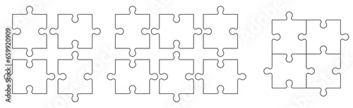 Set of puzzle pieces teamwork concept. Separate puzzle pieces with editable stroke isolated on transparent background.