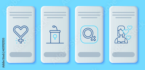 Set line Debate podium rostrum, Female gender, Feminism and Love yourself icon. Vector