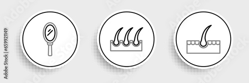 Set line Human hair follicle, Hand mirror and icon. Vector