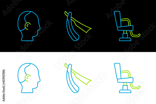 Set line Barbershop chair, Baldness and Straight razor icon. Vector