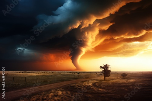 Fototapeta Tornado devastating land at sunset