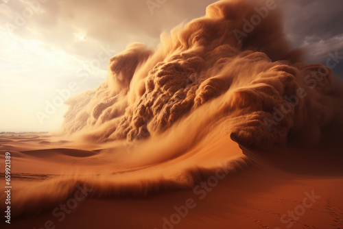 Sandstorm in the desert. Extreme weather and climate change concept