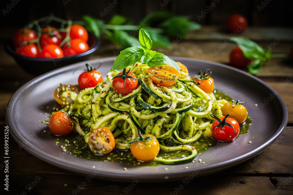 Zucchini noodles are mixed with pesto sauce and topped with cherry tomatoes, offering a gluten-free pasta alternative Zucchini noodles are mixed with pesto sauce and topped with cherry tomatoes, offering a gluten-free pasta alternative