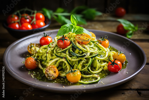 Zucchini noodles are mixed with pesto sauce and topped with cherry tomatoes, offering a gluten-free pasta alternative