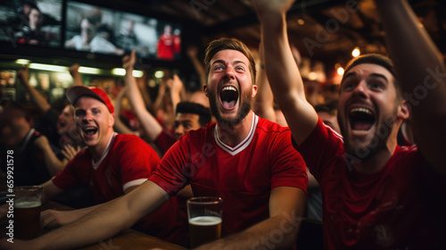 Young friends in red shirts with beer glasses and beards at the bar happily watching football © sirisakboakaew