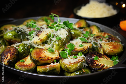 Brussels sprouts are roasted until crispy and topped with grated Parmesan cheese, ideal as a side dish