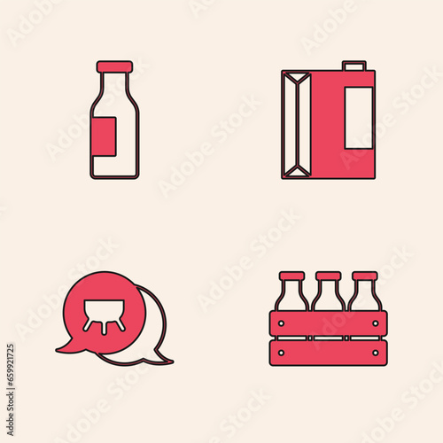 Set Bottled milk in wooden box, with, Paper package for kefir and Udder icon. Vector