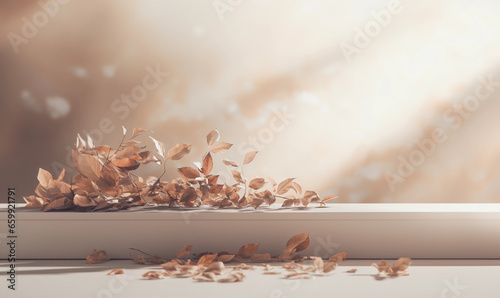 A stone podium for a product presentation against an autumnal background.